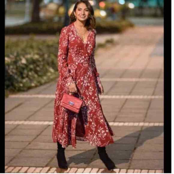 Reformation Sz S Susanna Wrap Midi Dress Long Sleeves in Bryce Red Floral - Picture 1 of 8